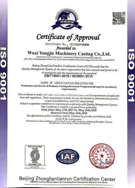 ประเทศจีน Wuxi Yongjie Machinery Casting Co., Ltd. รับรอง