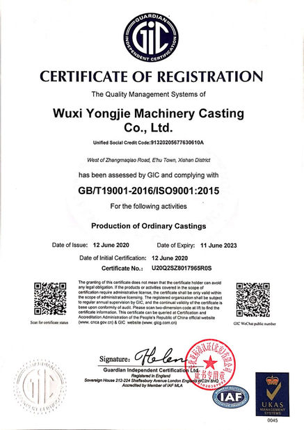 ประเทศจีน Wuxi Yongjie Machinery Casting Co., Ltd. รับรอง